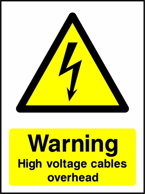 Warning — High voltage cables overhead sign showing yellow electrical lightning bolt warning triangle above wording. Artwork ELEC0042.