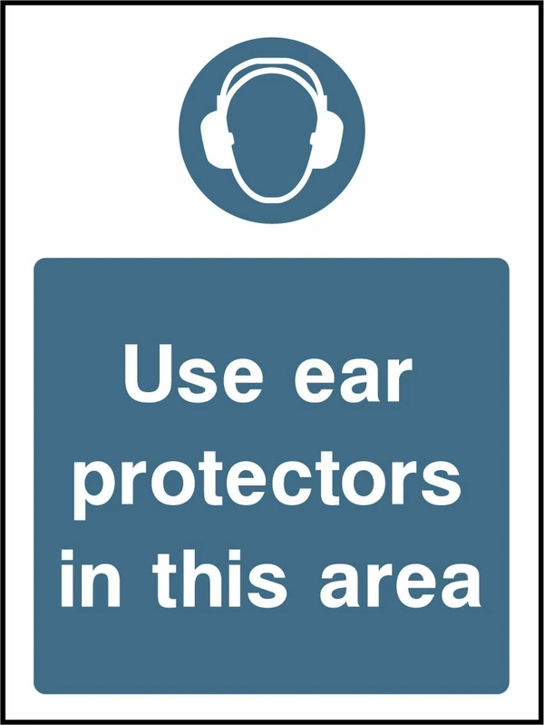 Use ear protectors in this area sign showing blue ear defenders pictogram above wording. Artwork PPE0031.