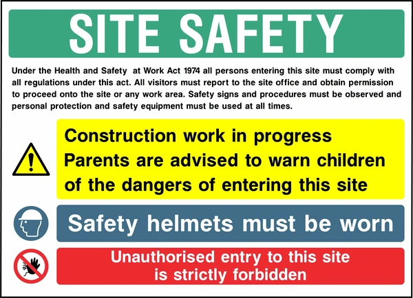 Collated site safety board with construction work warning for parents, mandatory safety helmets and unauthorised entry prohibition. CONS0016 artwork.
