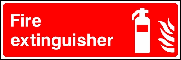 Fire extinguisher sign showing extinguisher and flame pictograms beside wording. Artwork FEQP0035.