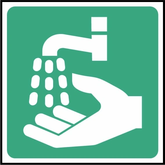Emergency hand washing pictogram sign showing hand beneath a running tap. Artwork FAID0019.