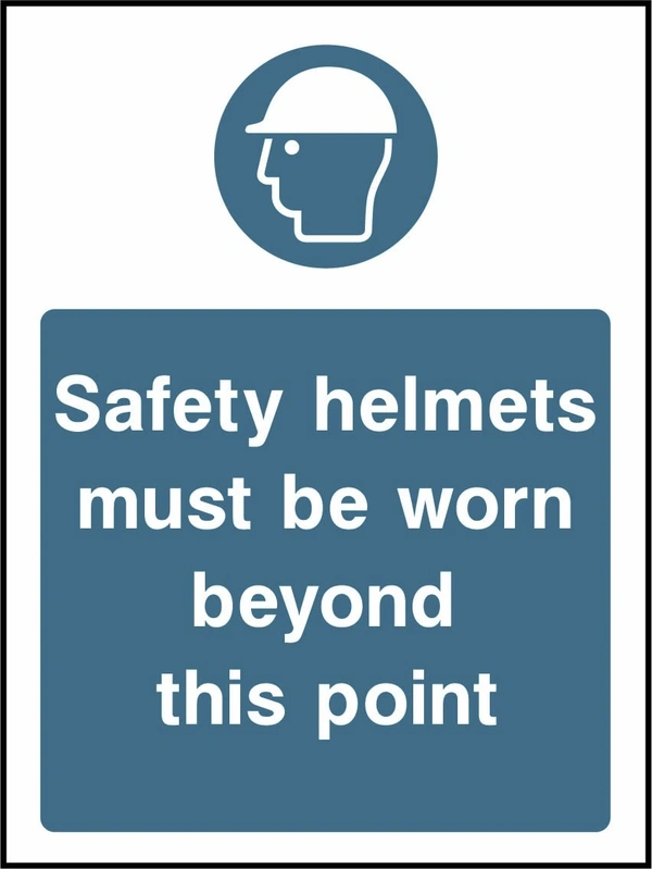 Safety helmets must be worn beyond this point sign showing blue safety helmet pictogram above wording. Artwork PPE0039.