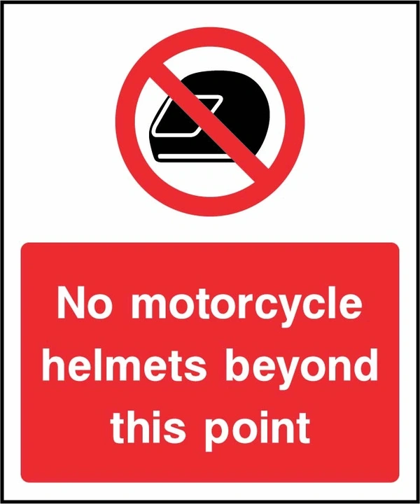 No motorcycle helmets beyond this point sign. red prohibition pictogram and wording. Artwork SECU0025.