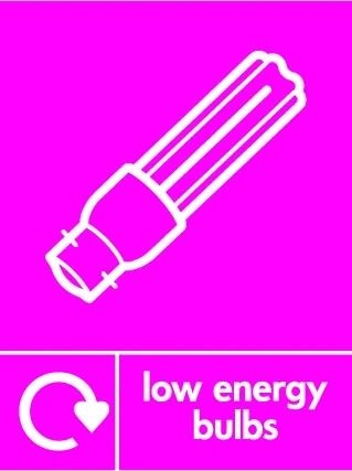 Low energy bulbs sign showing white low energy bulb pictogram with recycling arrow beside wording on magenta background. Artwork ELEC0123.