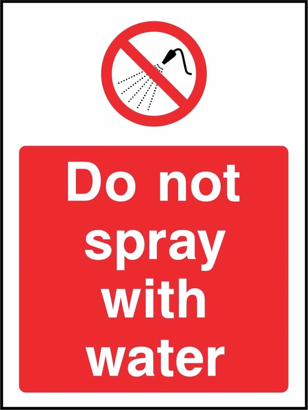 Do not spray with water sign showing red water spray prohibition symbol above wording. Artwork GENE0096.