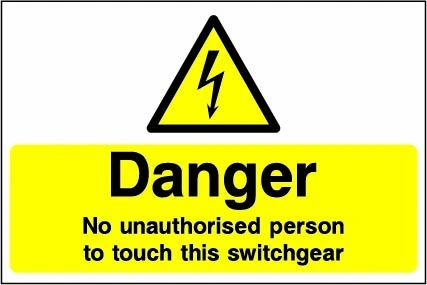 Danger — No unauthorised person to touch this switchgear sign showing yellow electrical lightning bolt warning triangle with wording. Artwork ELEC0065.